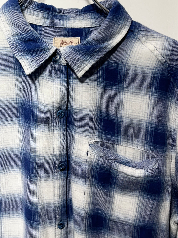 1990s blue × white ombré check flannel shirt