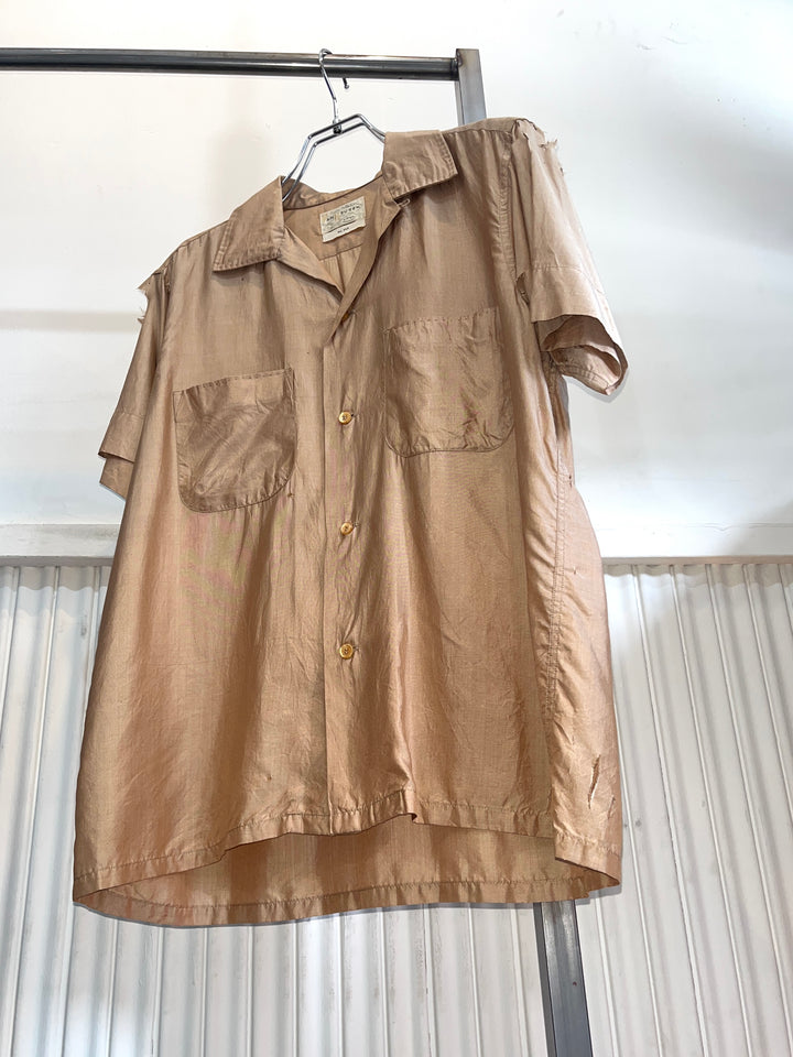 1950-60s "VAN HEUSEN" shiny beige s/s silk shirt -boro-