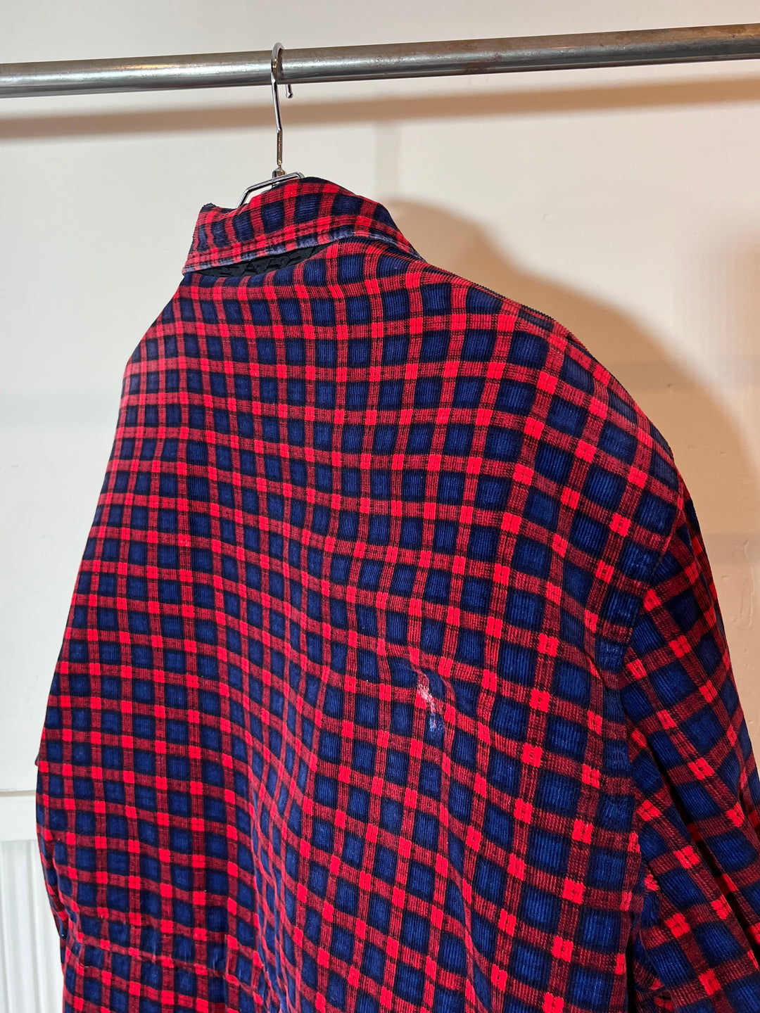 1980s red × navy check corduroy quilted zip jacket