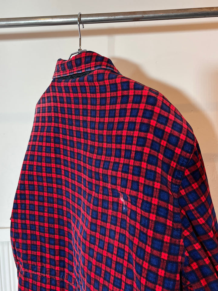 1980s red × navy check corduroy quilted zip jacket