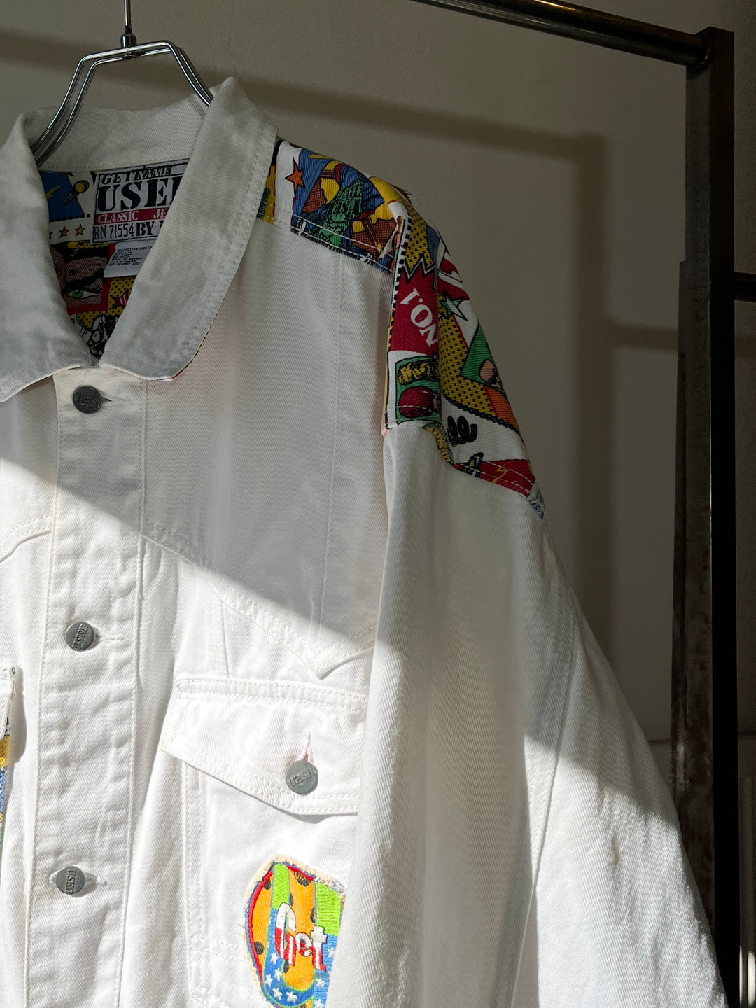 1980s "GET USED BY ELIY" pop art comic panel white denim jacket