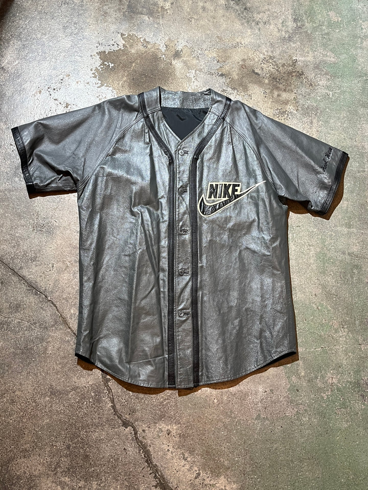 1980s NIKE bootleg charcoal leather baseball shirt