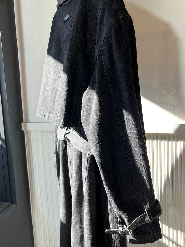 1990s black denim x leather hybrid design coat