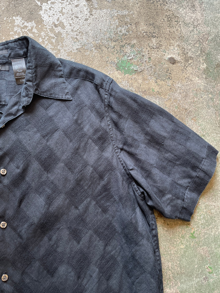 1990s black checkered pattern s/s linen shirt