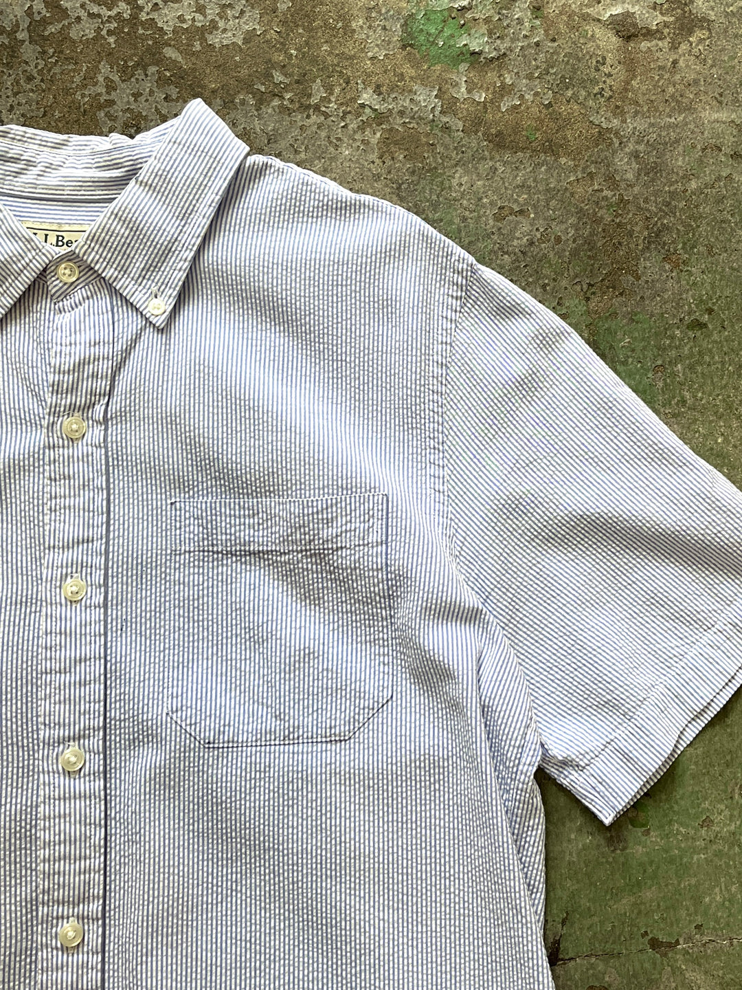 1990-00s "L.L Bean" pin stripe seersucker s/s B.D shirt