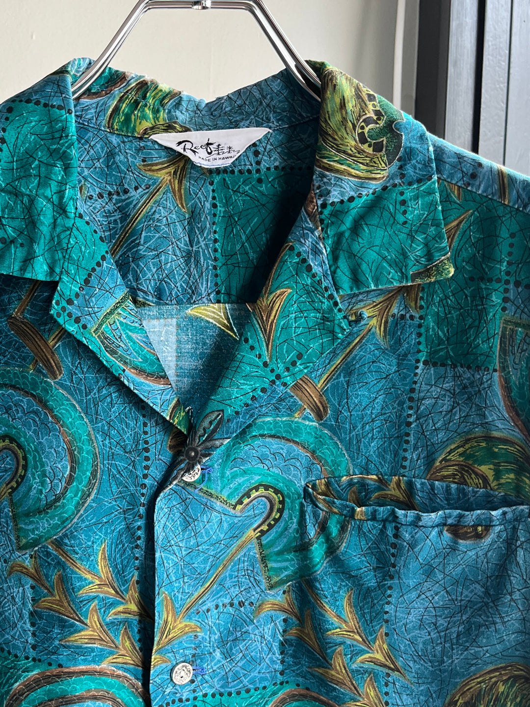 1960-70s all-over pattern s/s open collar shirt