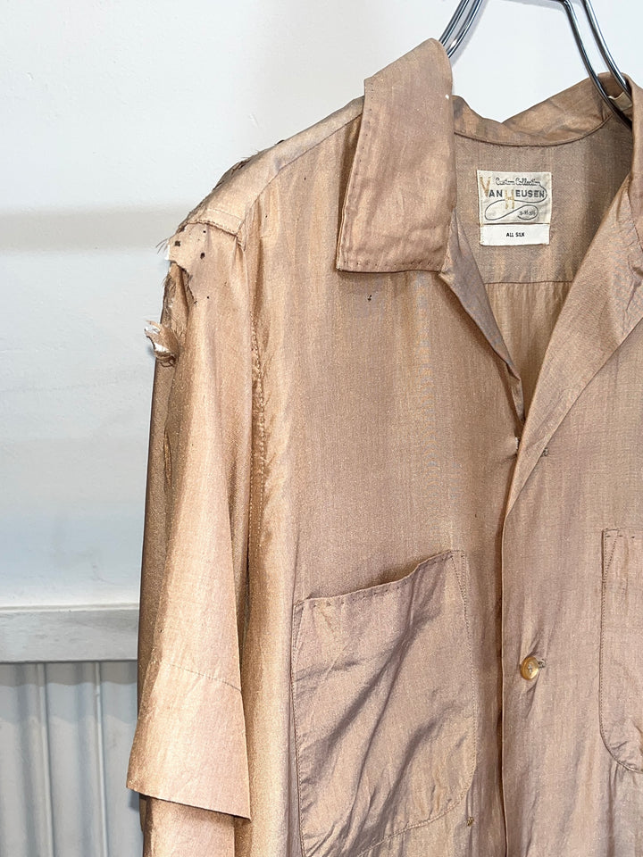 1950-60s "VAN HEUSEN" shiny beige s/s silk shirt -boro-