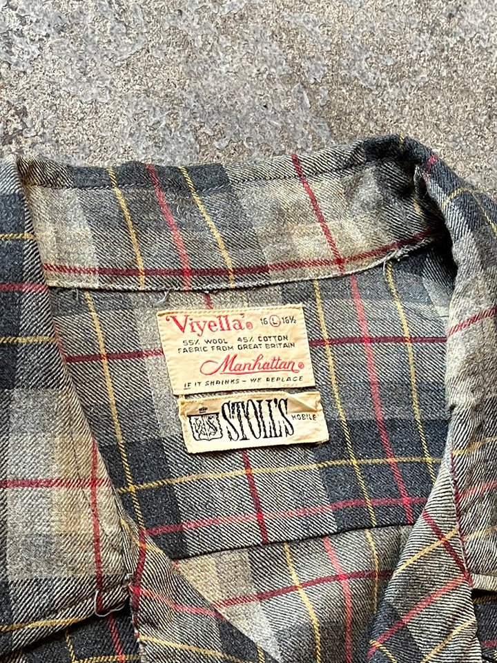 1960s "Manhattan" wool brend check open collar shirt