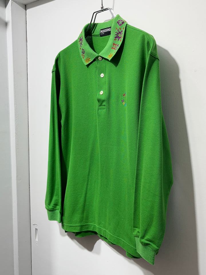 1990s "MISSONI" lime green embroidered collar L/S polo