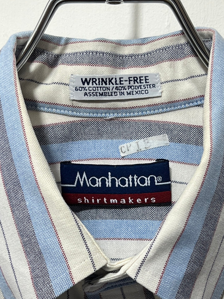 1990-00s pale blue × gray stripes s/s shirt