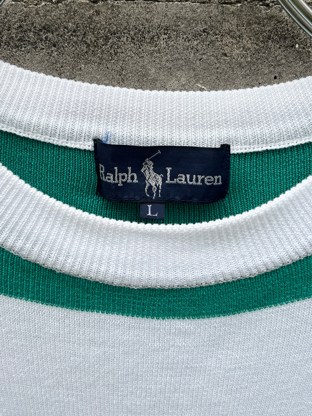 1990-00s "Ralph Lauren" green × white wide striped summer knit