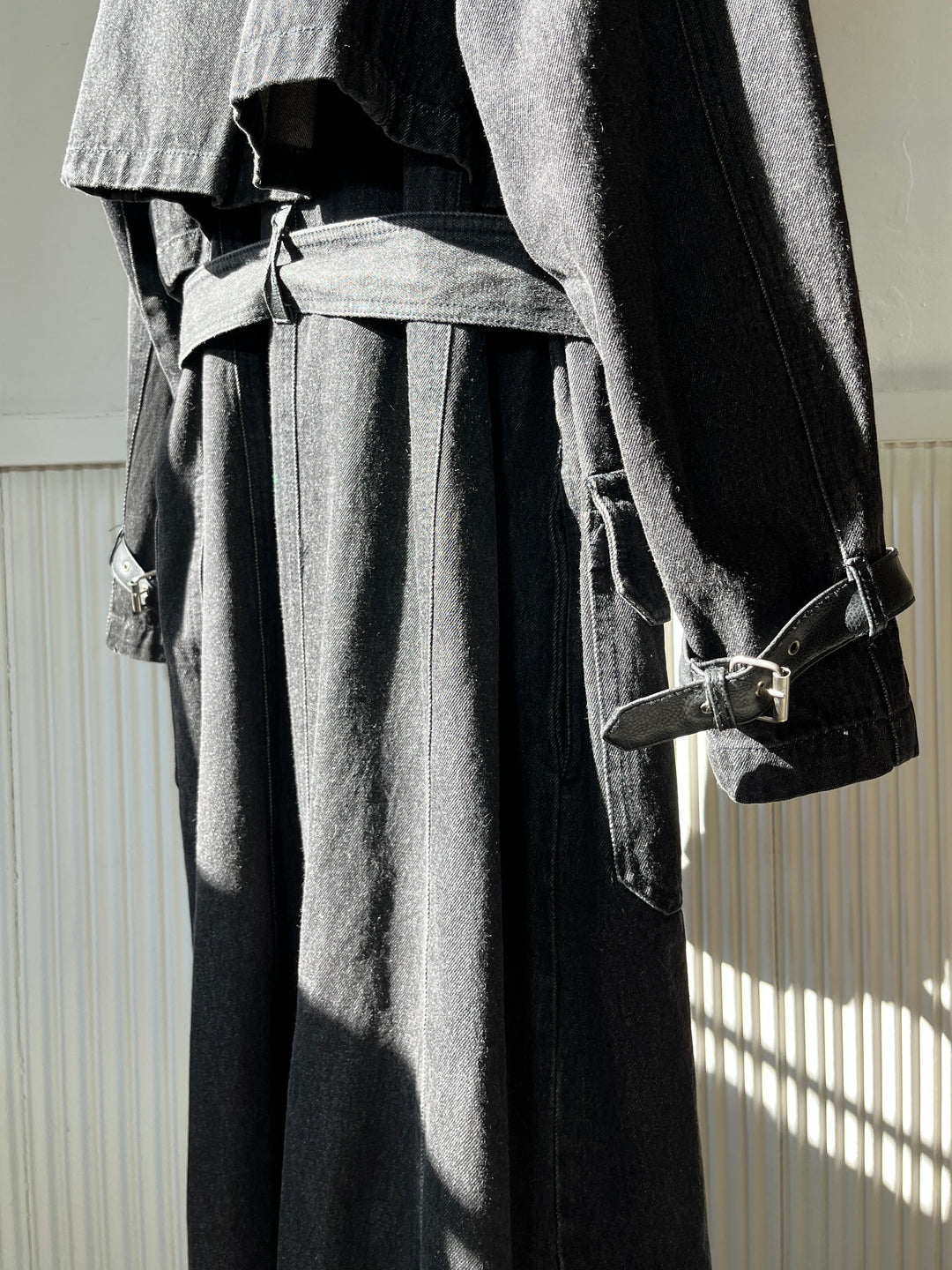 1990s black denim x leather hybrid design coat