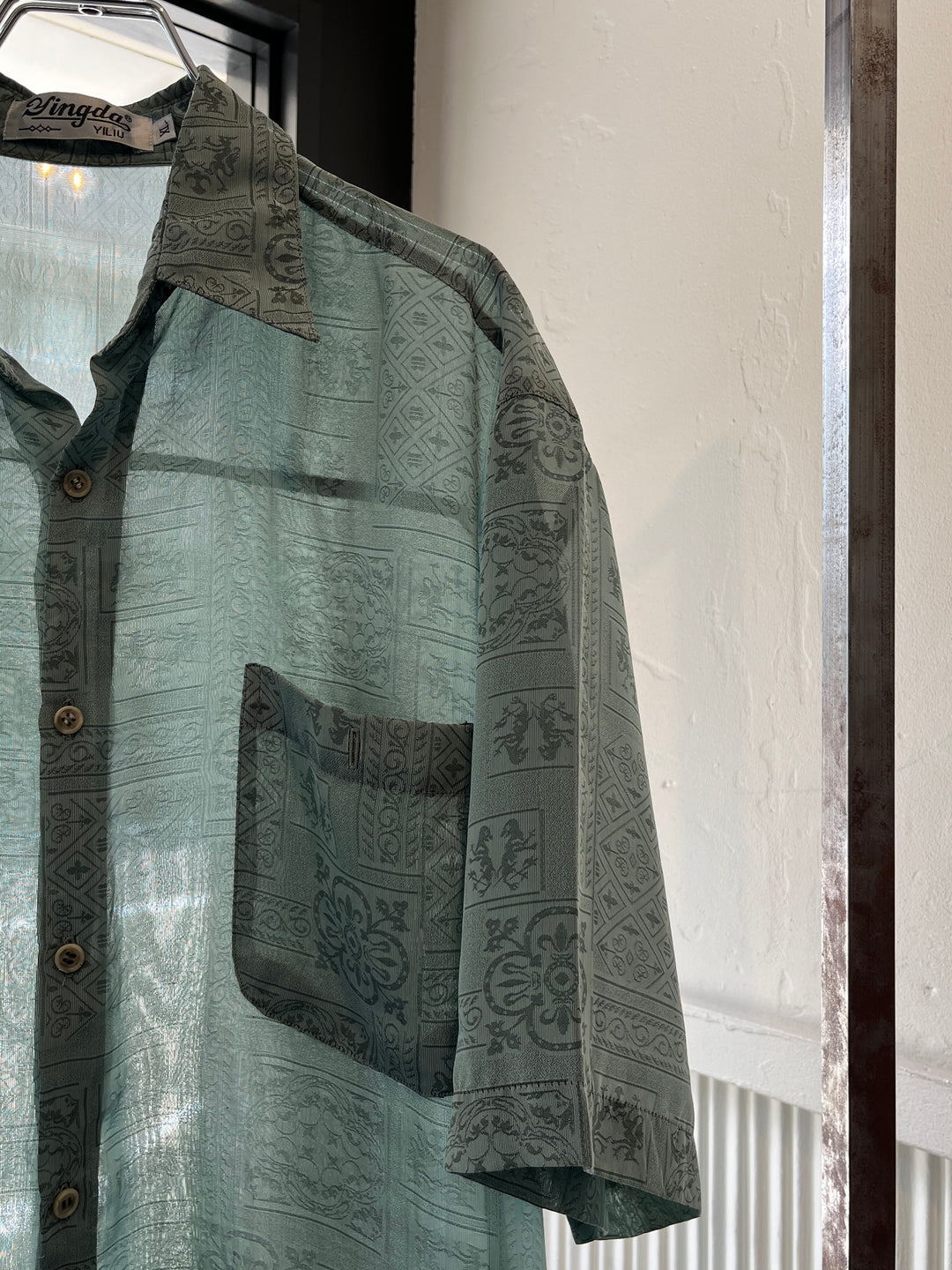 1990s mint green all-over pattern sheer s/s shirt