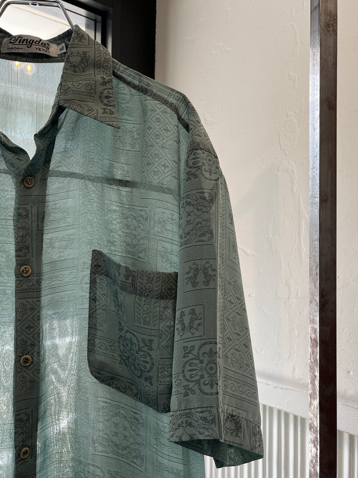 1990s mint green all-over pattern sheer s/s shirt
