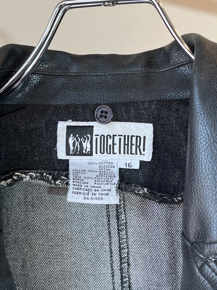 1990s black denim x leather hybrid design coat