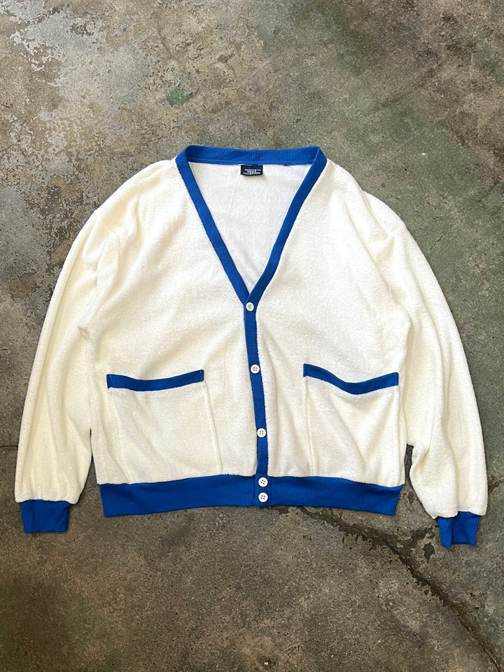 1980-90s white × royal blue terry cardigan