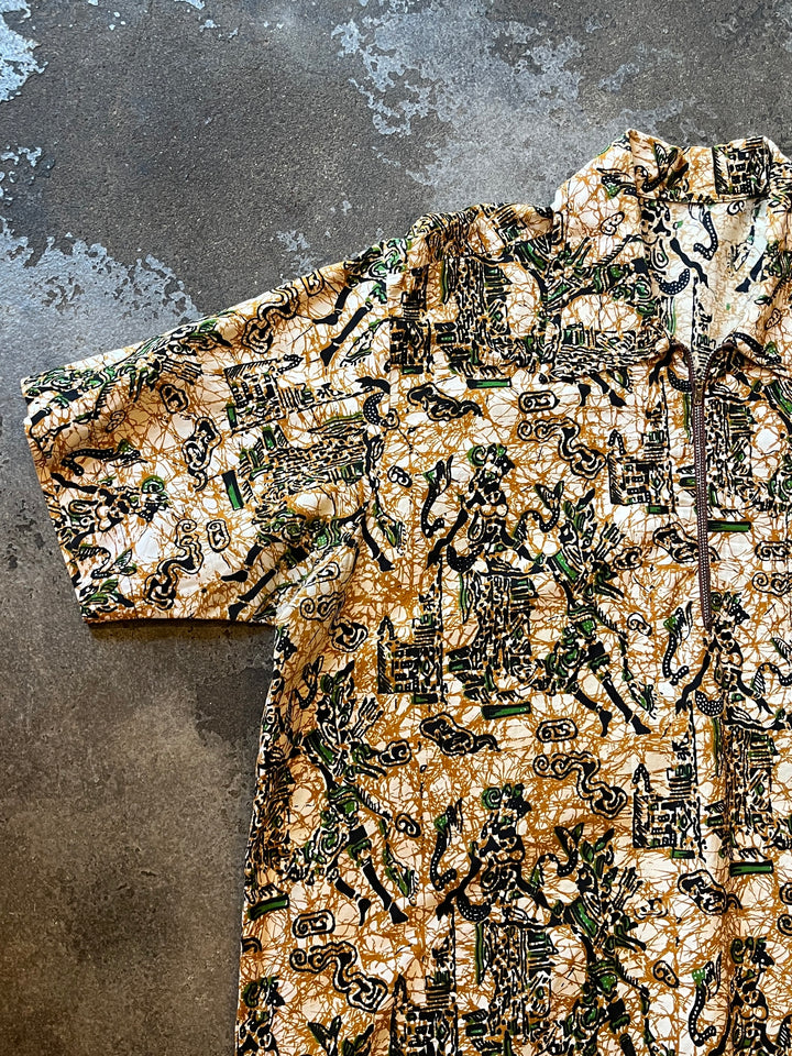 1950-60s oriental pattern half zip pullover s/s shirt