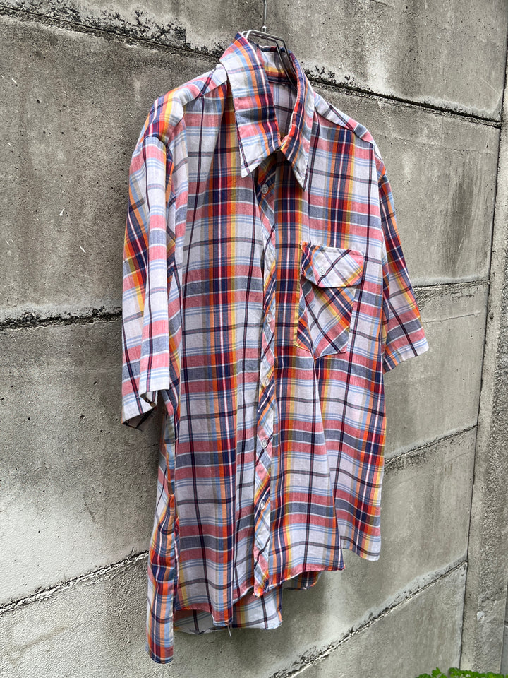 1980-90s red × orange × blue madras checkered s/s shirt
