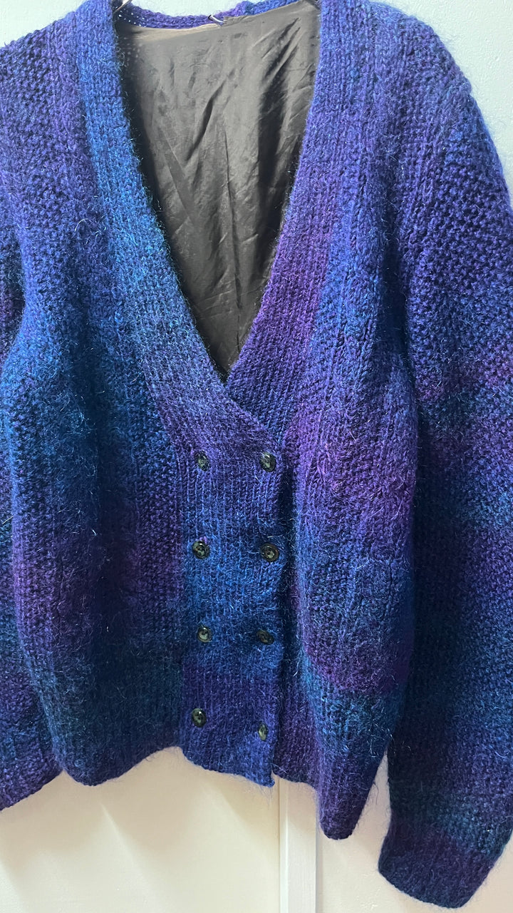 blue × purple gradation mohair knit cardigan