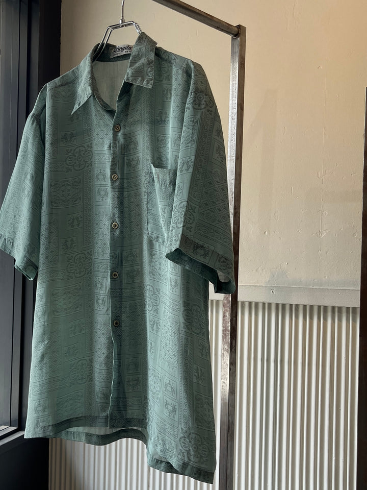 1990s mint green all-over pattern sheer s/s shirt