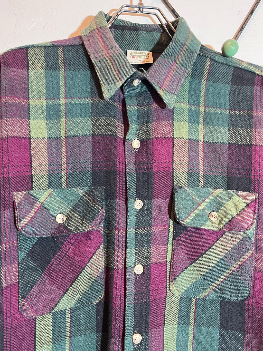1990s "FIVE BROTHER" deep green × purple checkered flannel shirt