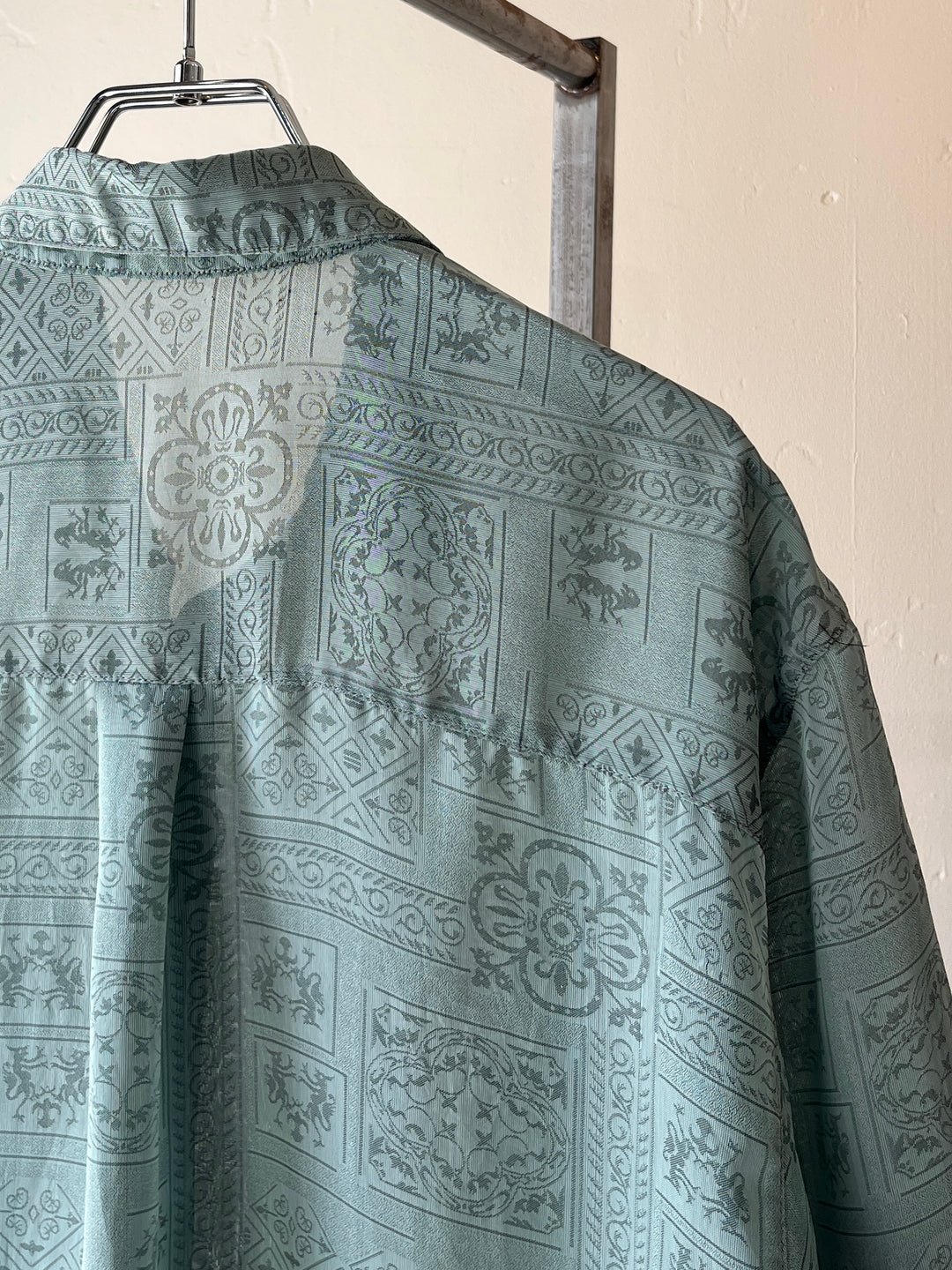 1990s mint green all-over pattern sheer s/s shirt