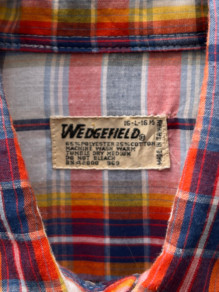 1980-90s red × orange × blue madras checkered s/s shirt