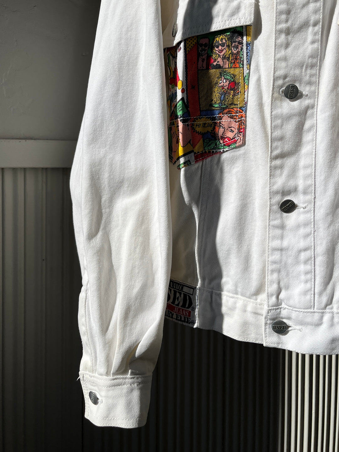 1980s "GET USED BY ELIY" pop art comic panel white denim jacket
