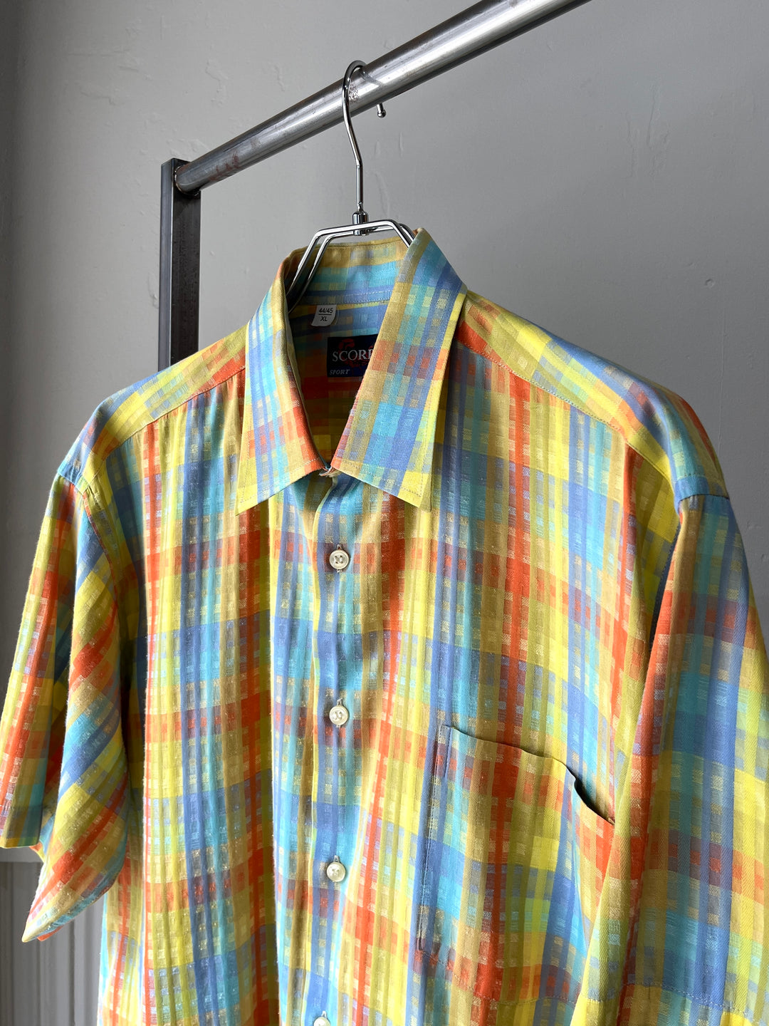 1990-00s bright color madras check s/s shirt