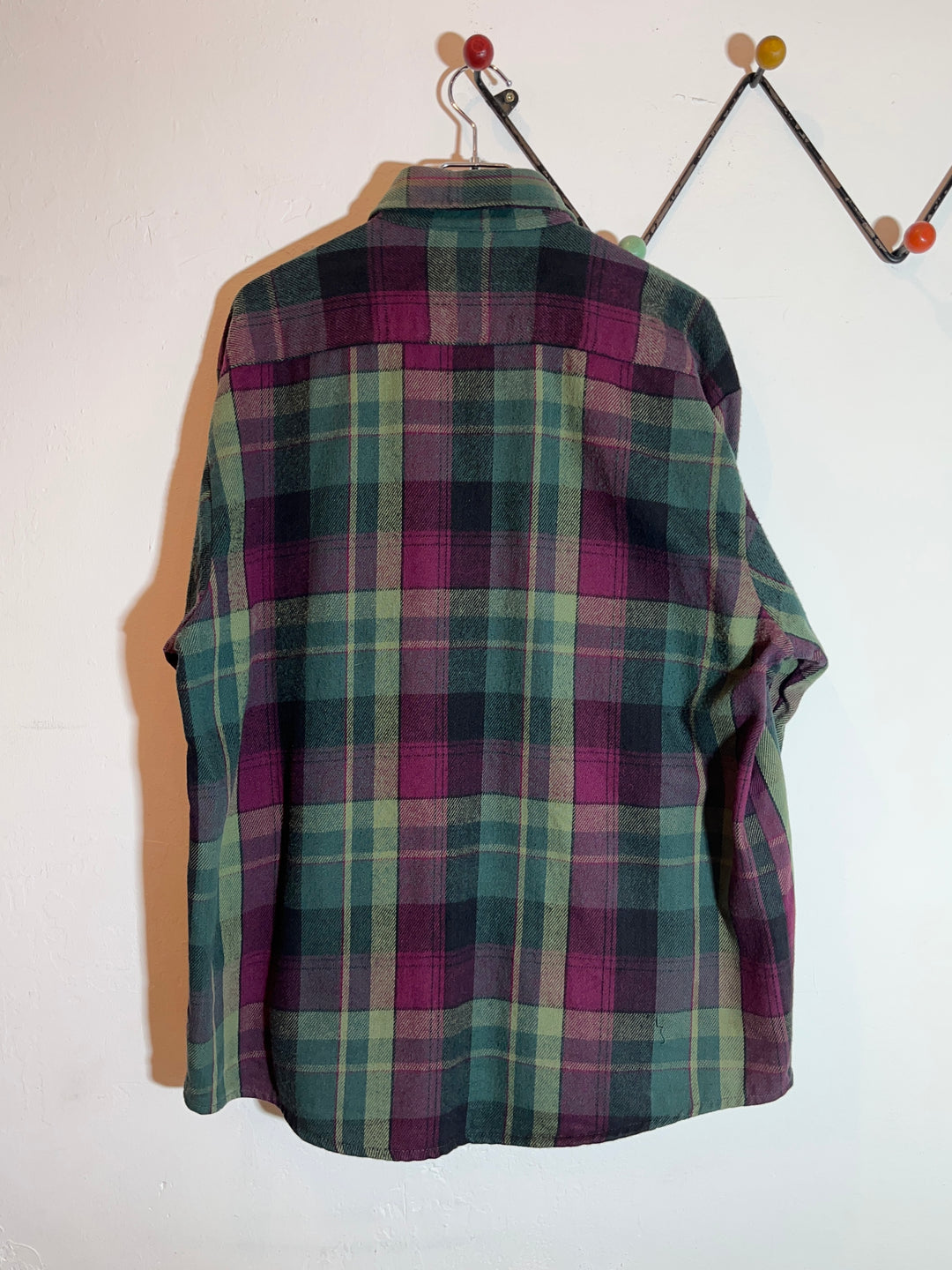1990s "FIVE BROTHER" deep green × purple checkered flannel shirt