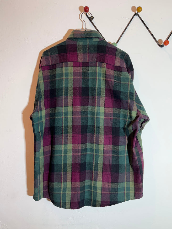 1990s "FIVE BROTHER" deep green × purple checkered flannel shirt