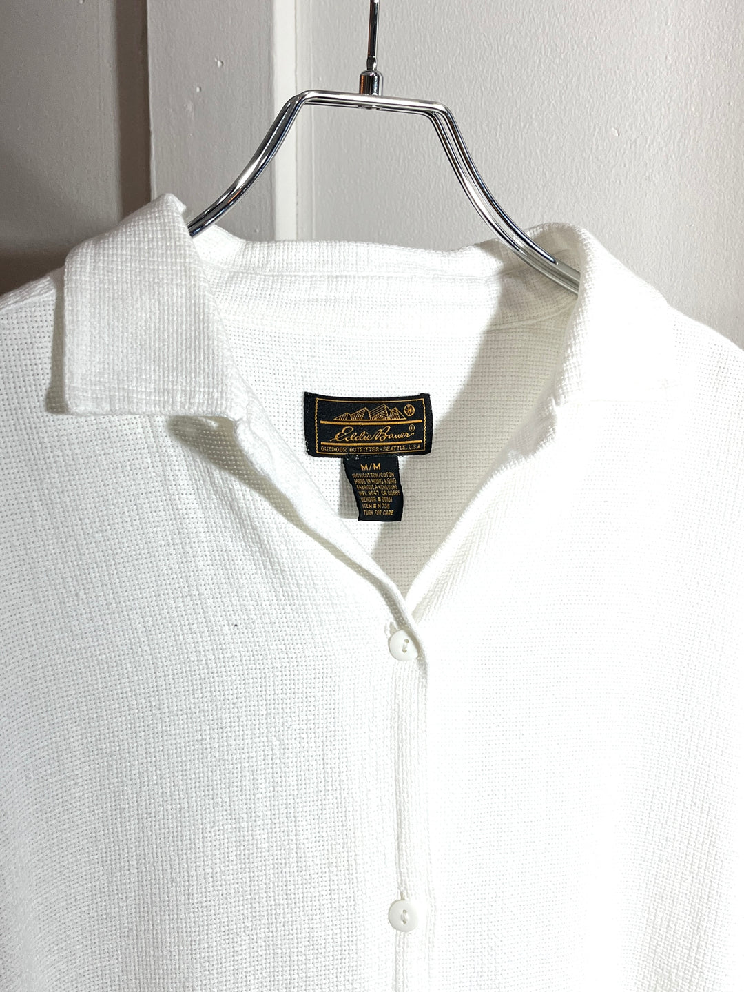1980-90s "Eddie Bauer" pure white cotton waffle open collar shirt