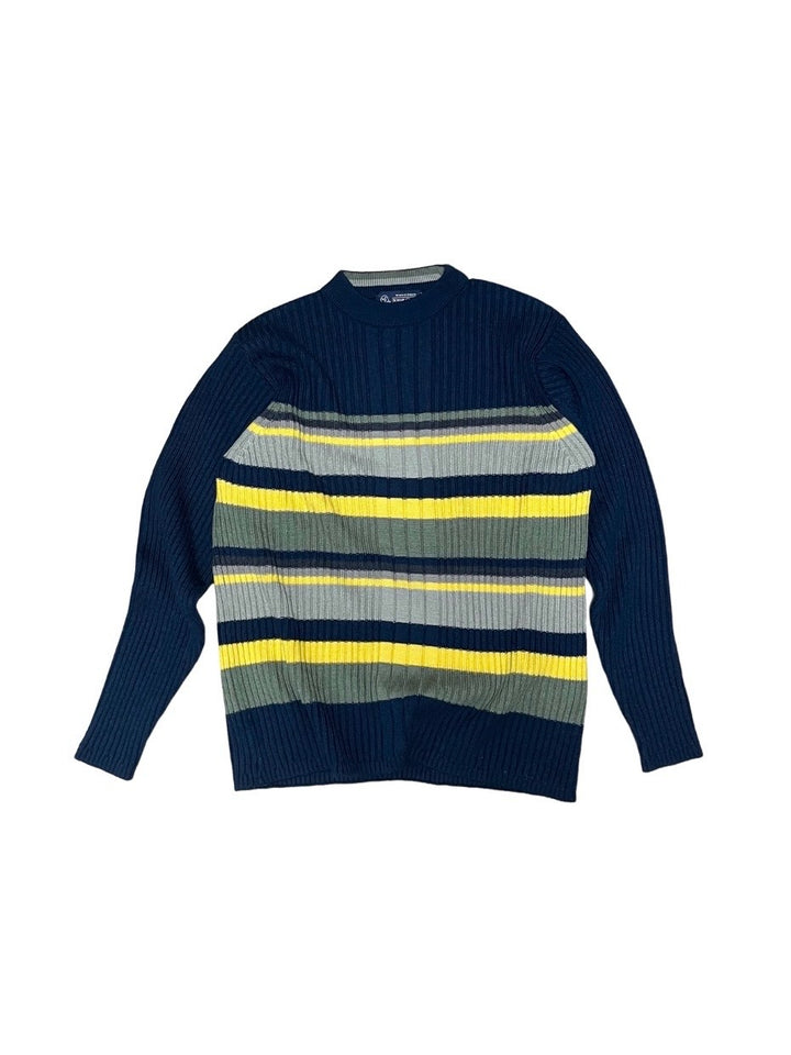 navy × khaki × yellow multi border knit