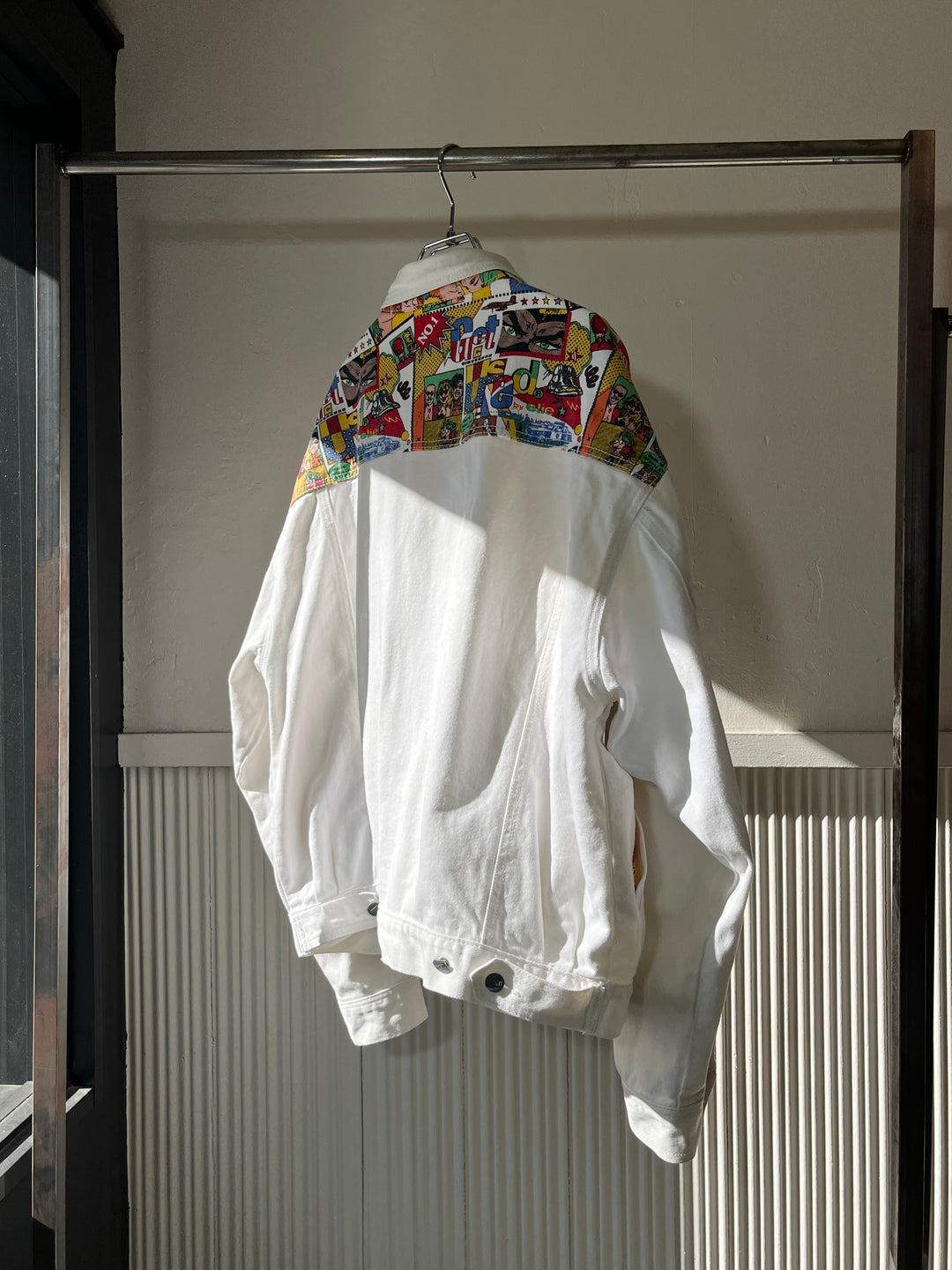 1980s "GET USED BY ELIY" pop art comic panel white denim jacket