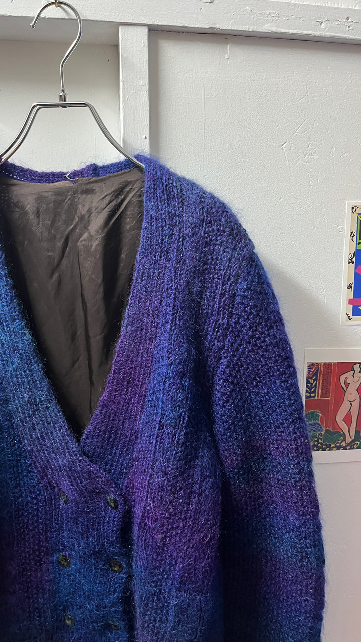 blue × purple gradation mohair knit cardigan