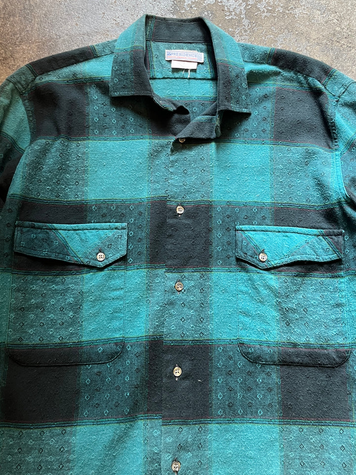 1980-90s FRANCE made green × black check shirt
