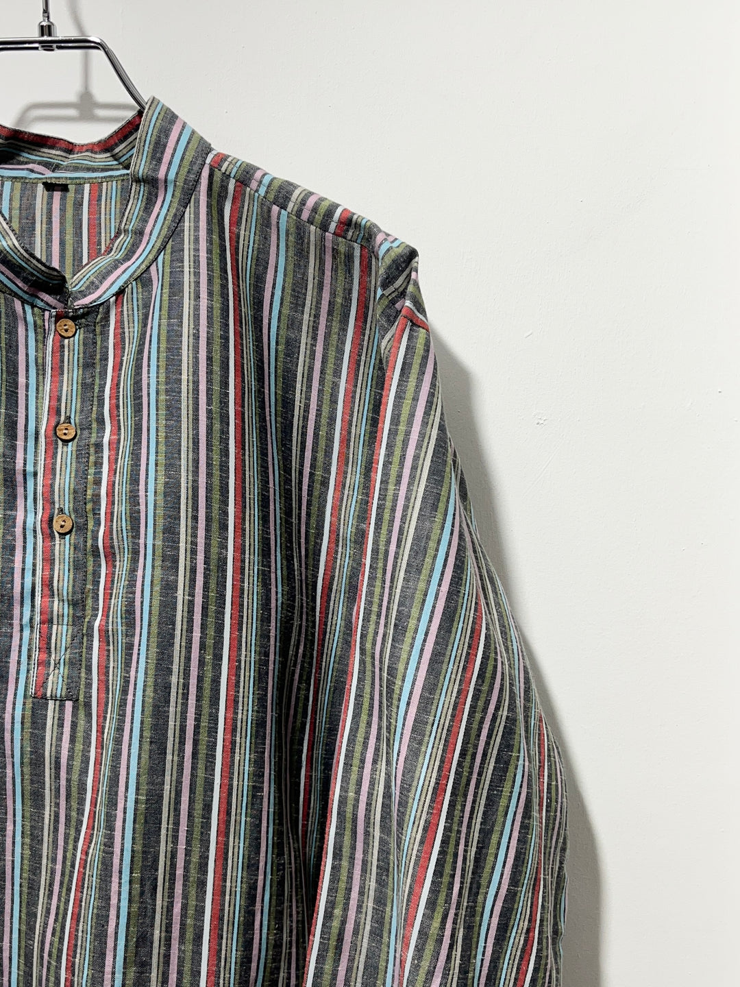 1990s multi stripe band-collar pullover shirt
