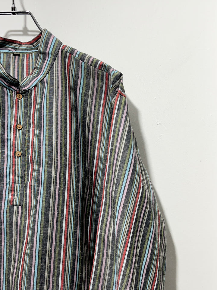 1990s multi stripe band-collar pullover shirt