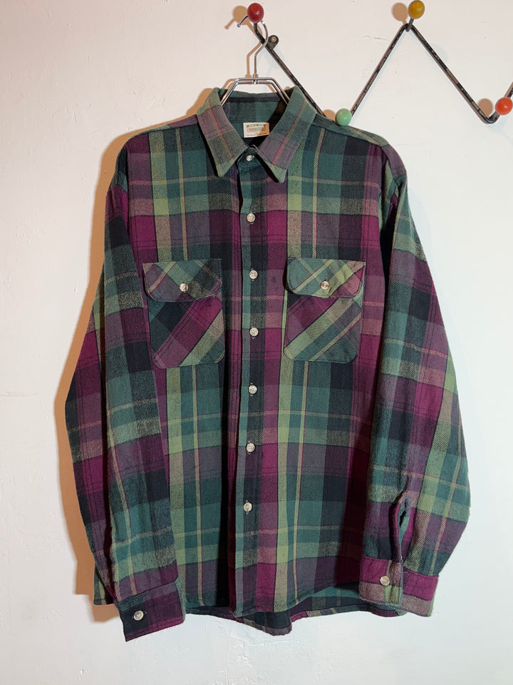 1990s "FIVE BROTHER" deep green × purple checkered flannel shirt