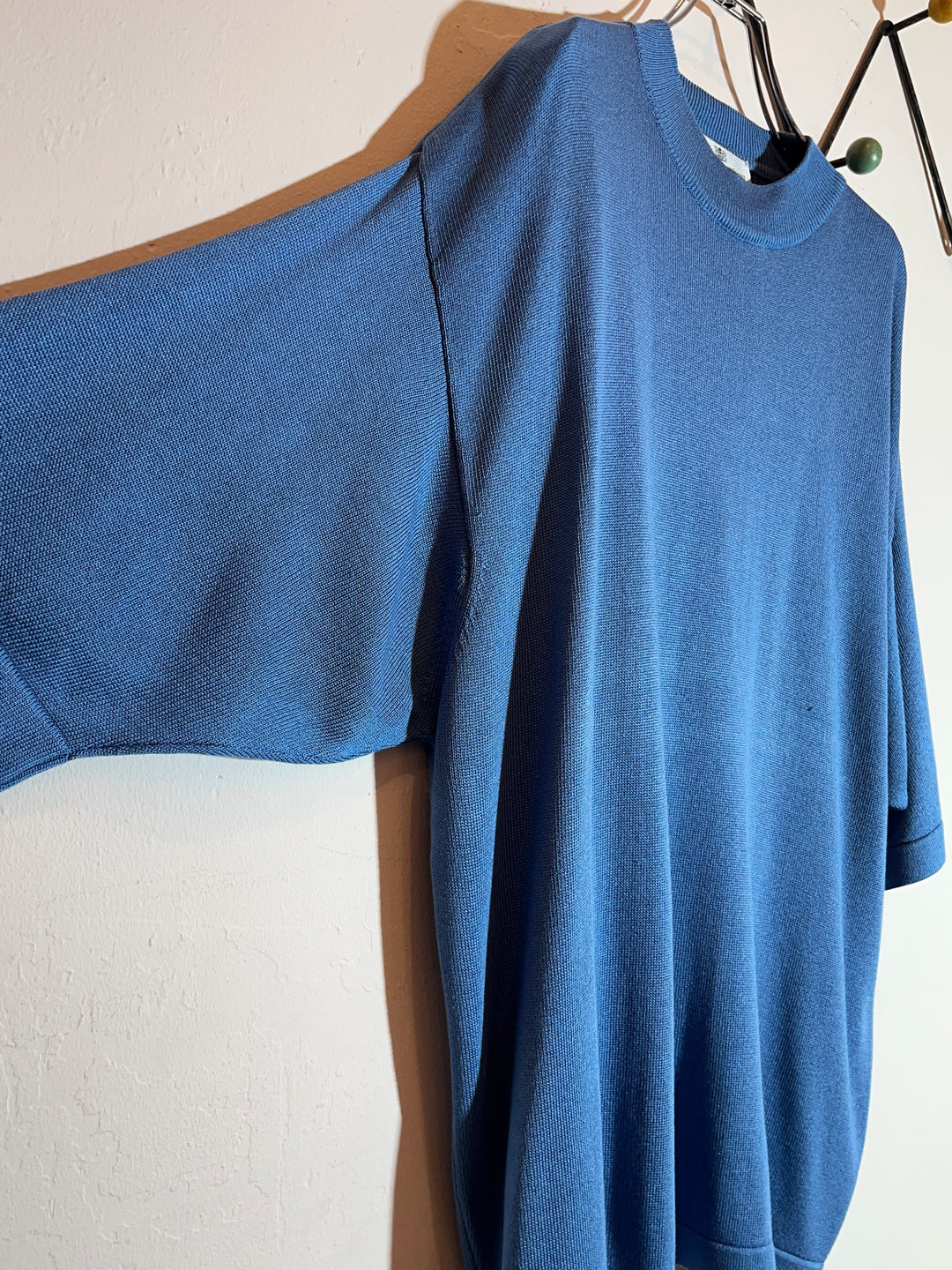 1980-90s "Aquascutum" dusty blue half sleeve summer knit