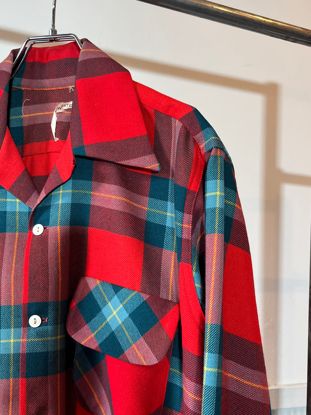 1960-70s bold tartan open collar wool shirt