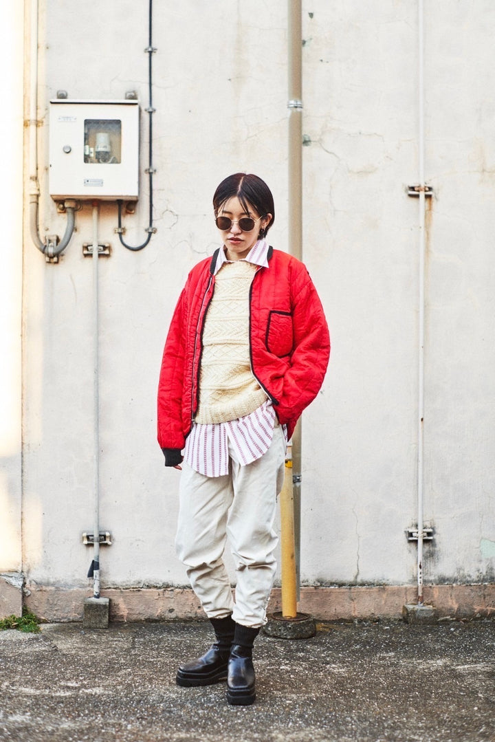 red × black quilted jacket