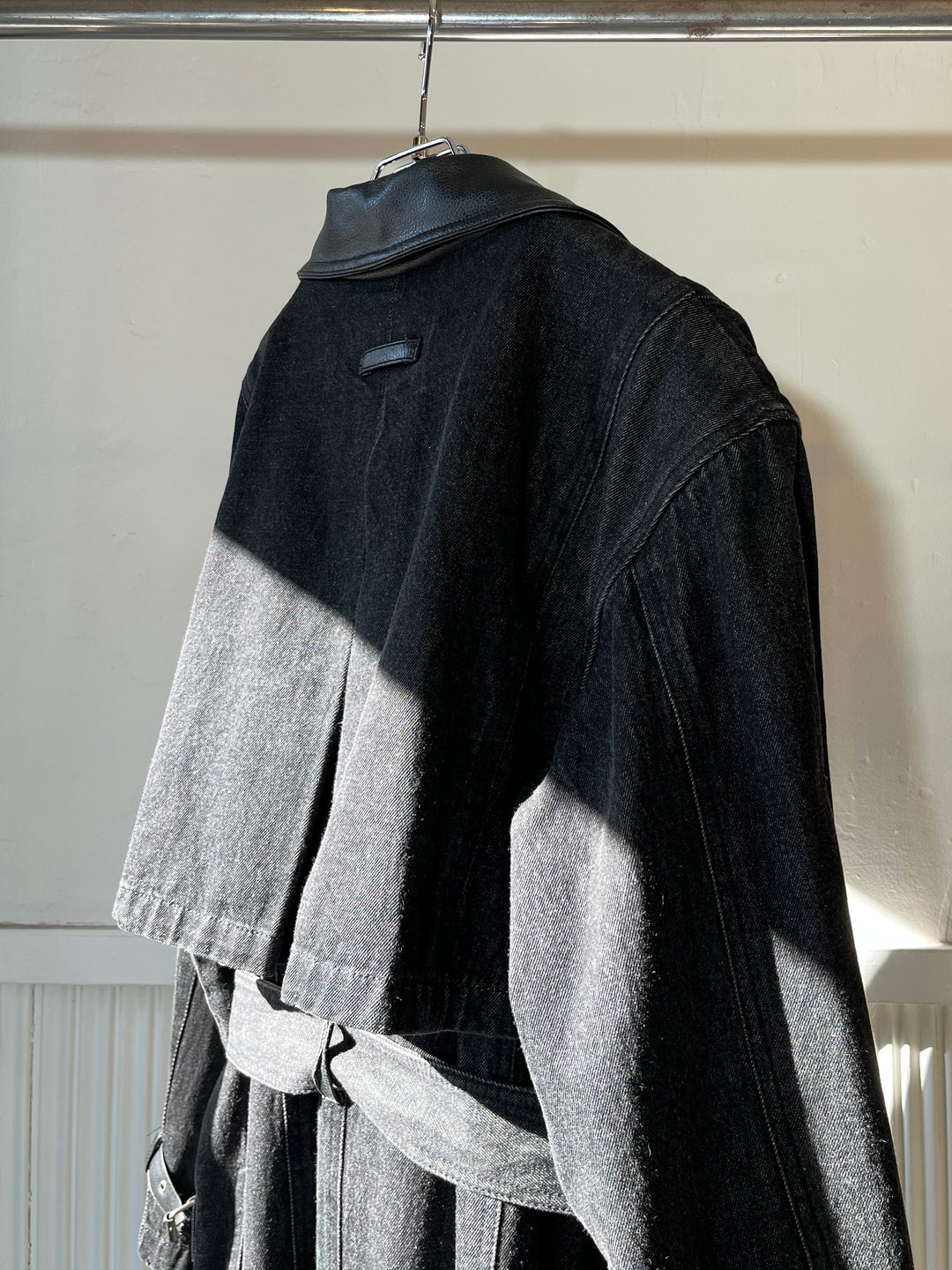 1990s black denim x leather hybrid design coat