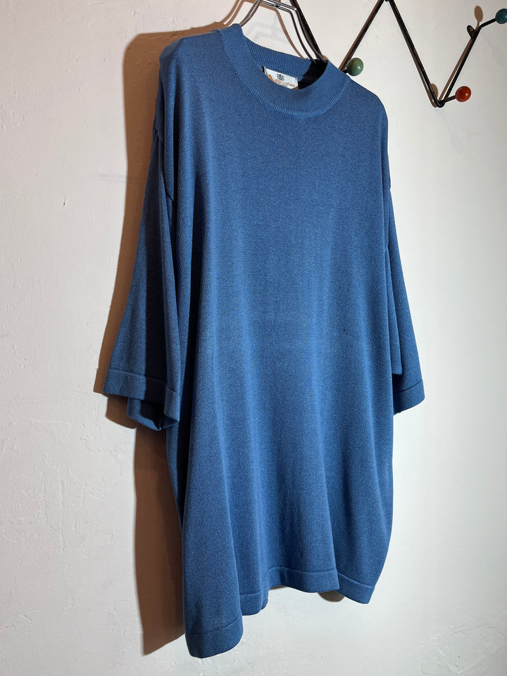 1980-90s "Aquascutum" dusty blue half sleeve summer knit