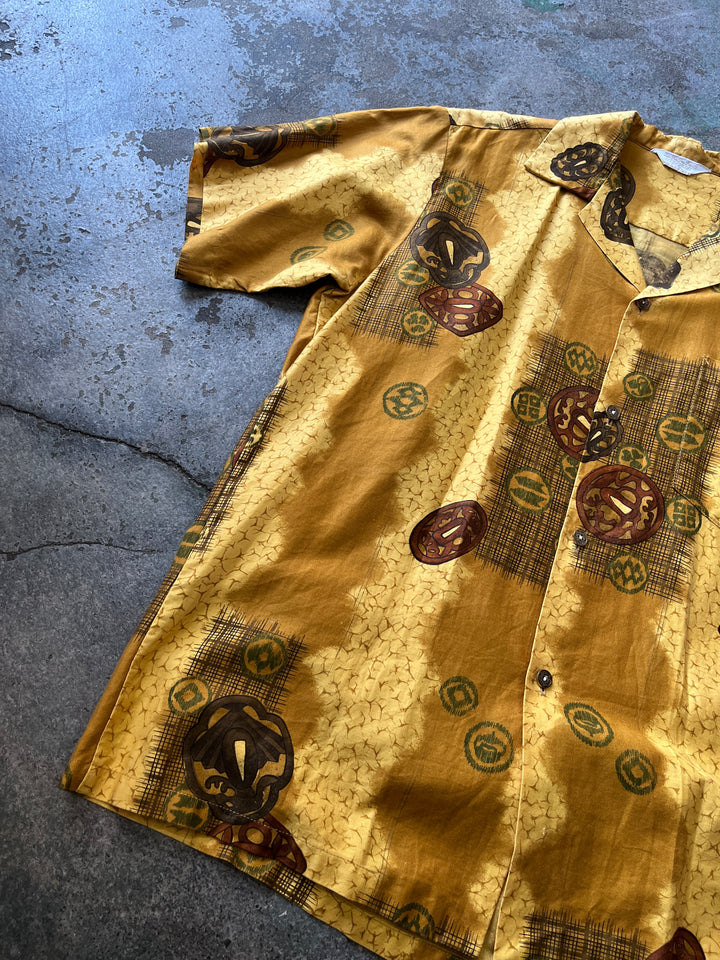 1960-70s all-over pattern s/s open collar shirt