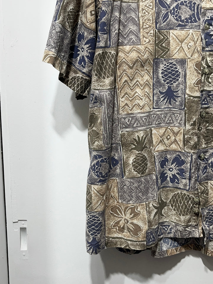 1990s "pierre cardin" tropical tile pattern s/s shirt