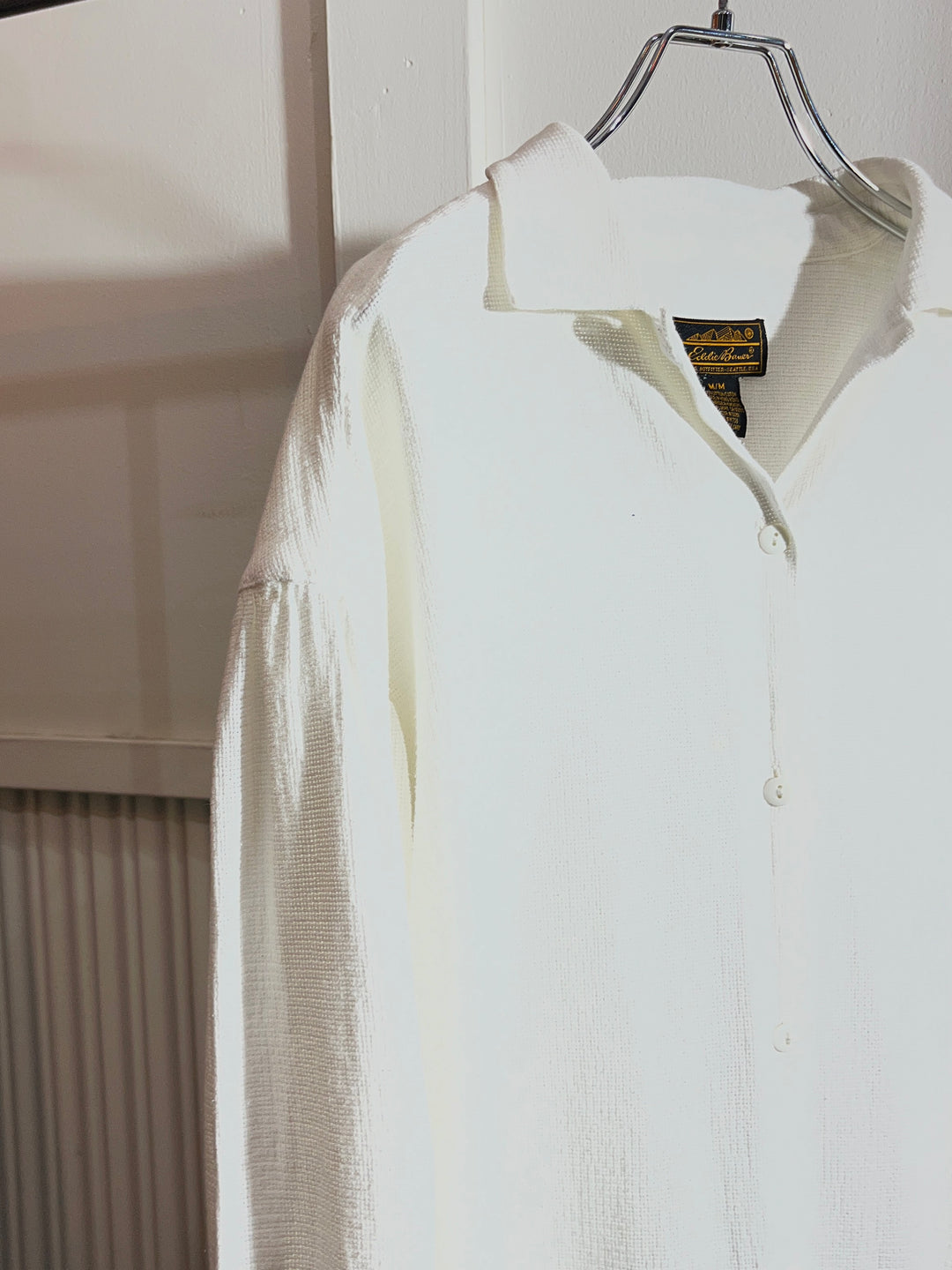 1980-90s "Eddie Bauer" pure white cotton waffle open collar shirt