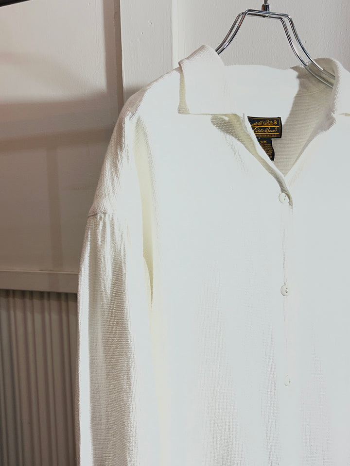 1980-90s "Eddie Bauer" pure white cotton waffle open collar shirt