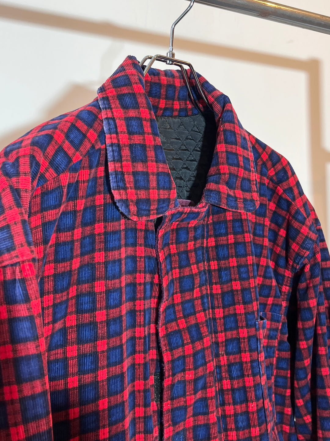 1980s red × navy check corduroy quilted zip jacket