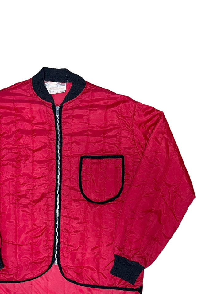 red × black quilted jacket